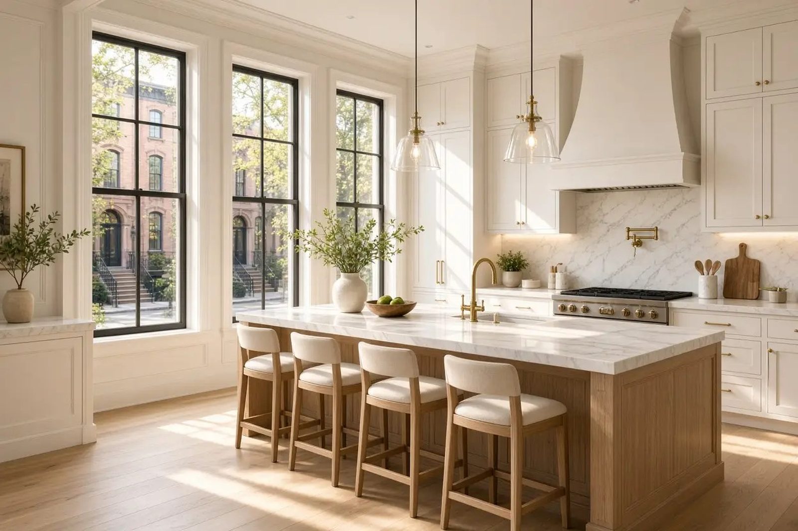 Renovated kitchen of a Brooklyn brownstone apartment with a marble island and tall windows