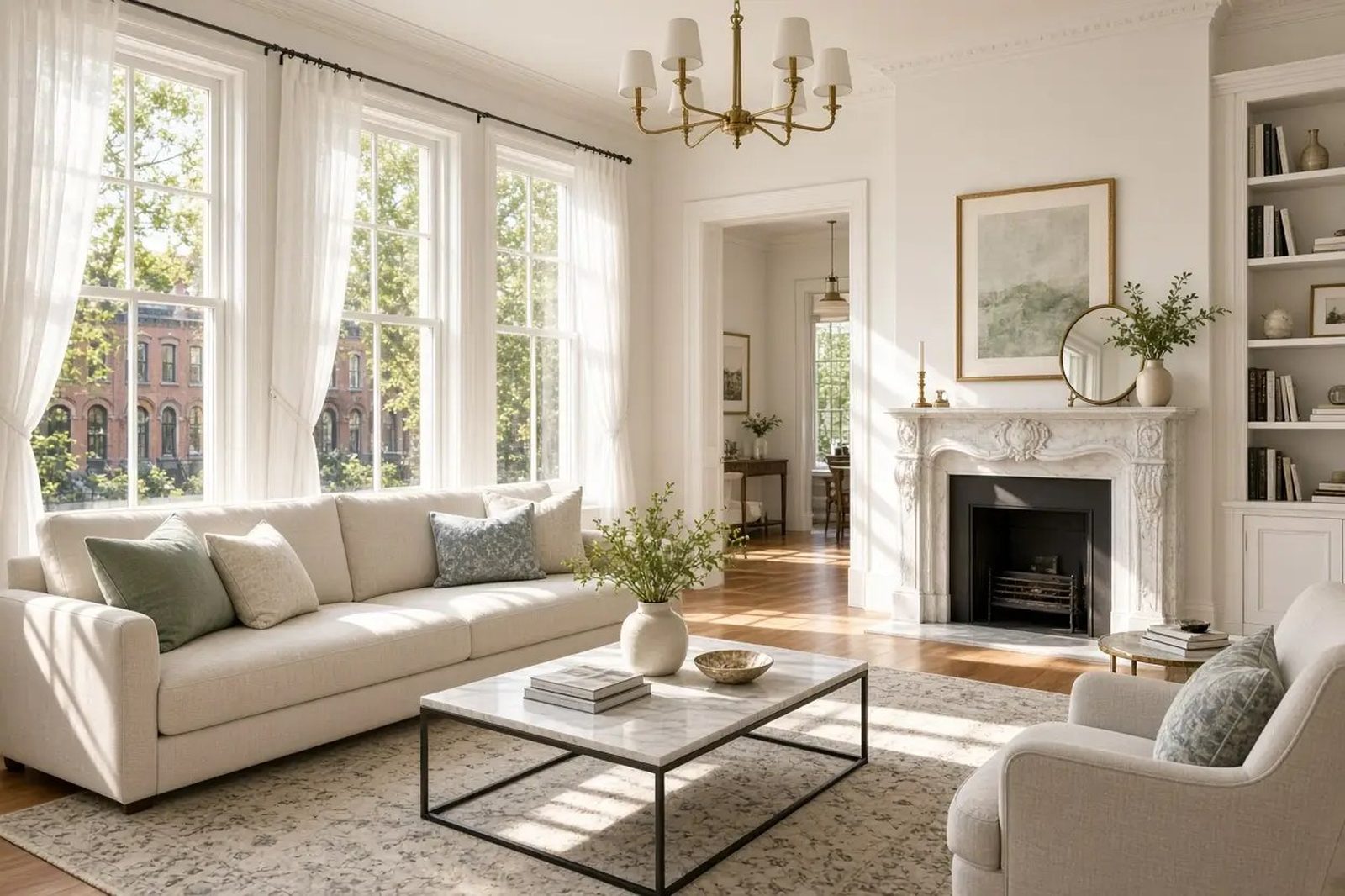 Bright living room of a Brooklyn brownstone apartment with tall windows and a marble fireplace