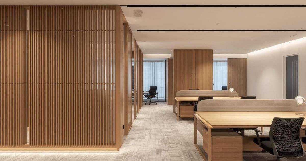 A quiet office with wood slat partitions and shared desks
