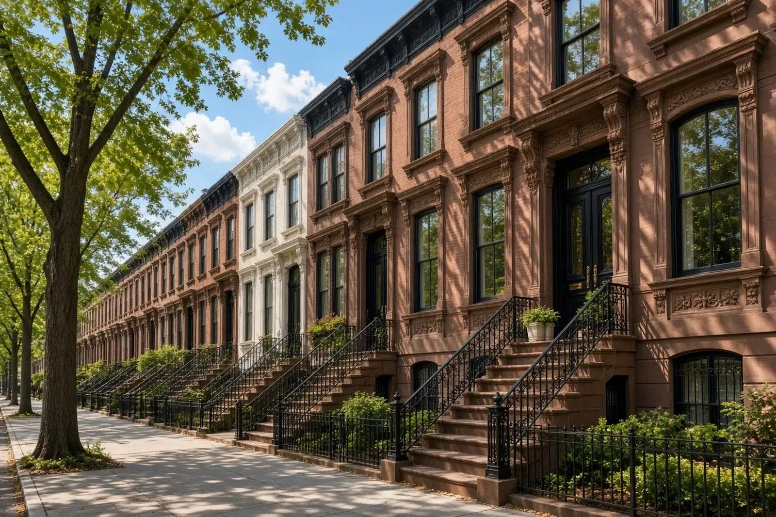 A row of brownstones with iron stoop railings on a tree-lined Brooklyn street