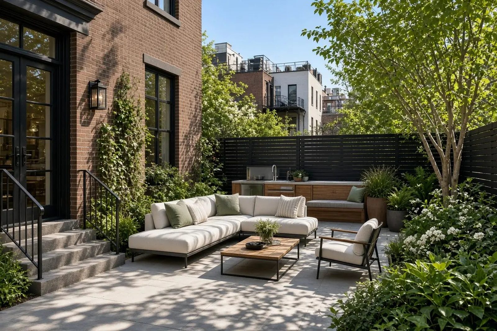 A planted backyard patio behind a Brooklyn brick building